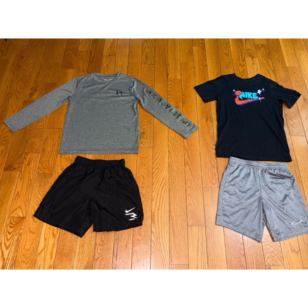 Nike Under Armour Boys Activewear Lot 4pc T-Shirts Shorts Gray Black Size Medium